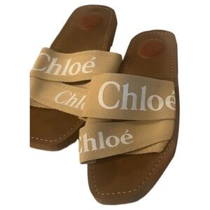 Chloé Woody Tan Sandals with Logo Straps